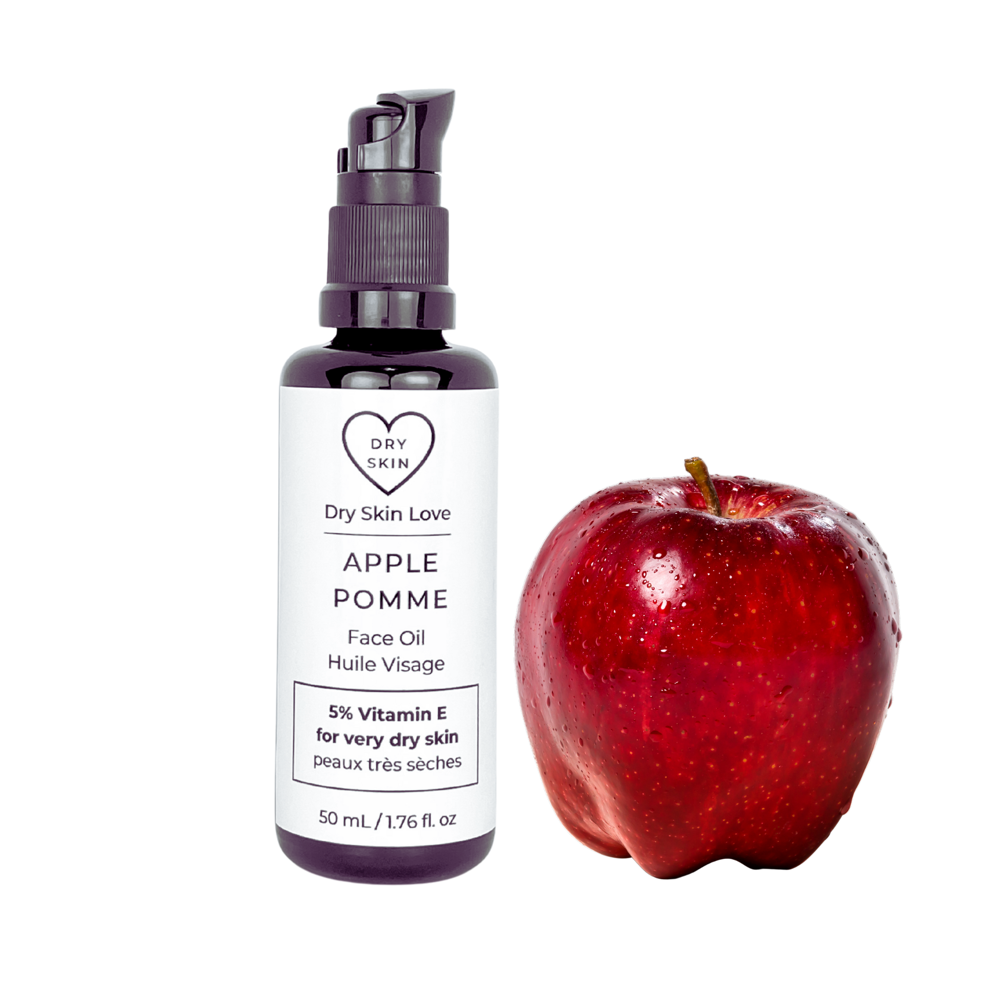 Miron violet glass bottle of apple face oil displayed with a fresh red apple on a white background, Dry Skin Love Apple 5% Vitamin E Face Oil for Very Dry Skin