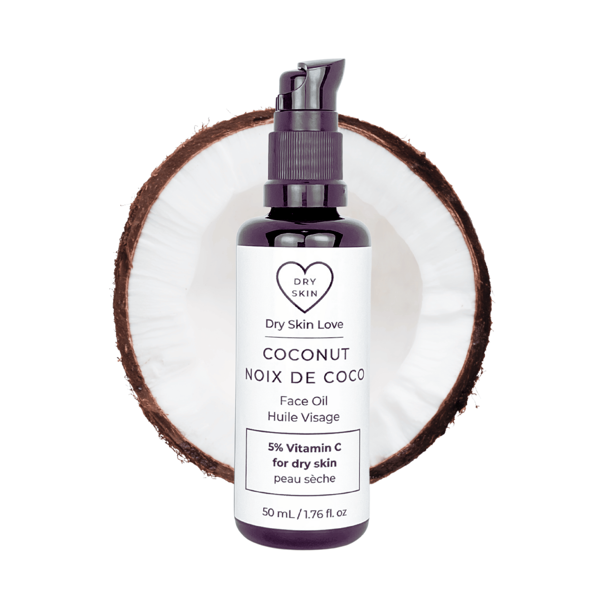 Miron violet glass bottle of coconut face oil displayed with a fresh coconut cut in half on a white background, Dry Skin Love Coconut 5% Vitamin C Face Oil for Sensitive Skin.
