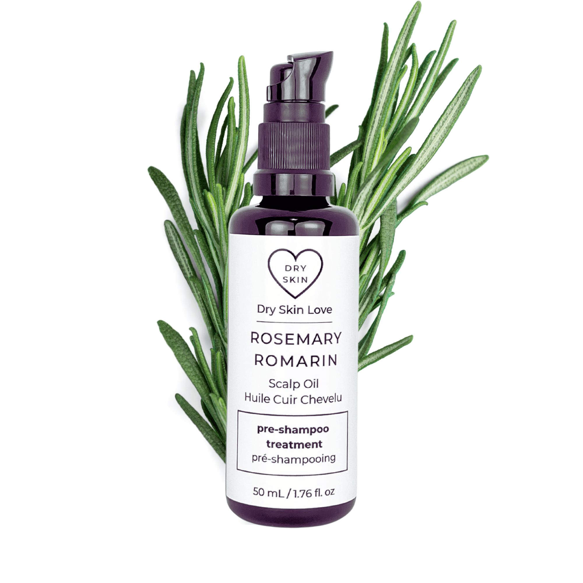 Miron violet glass bottle of rosemary hair oil displayed with fresh rosemary on a white background, Dry Skin Love Rosemary Pre-Shampoo Scalp Oil.