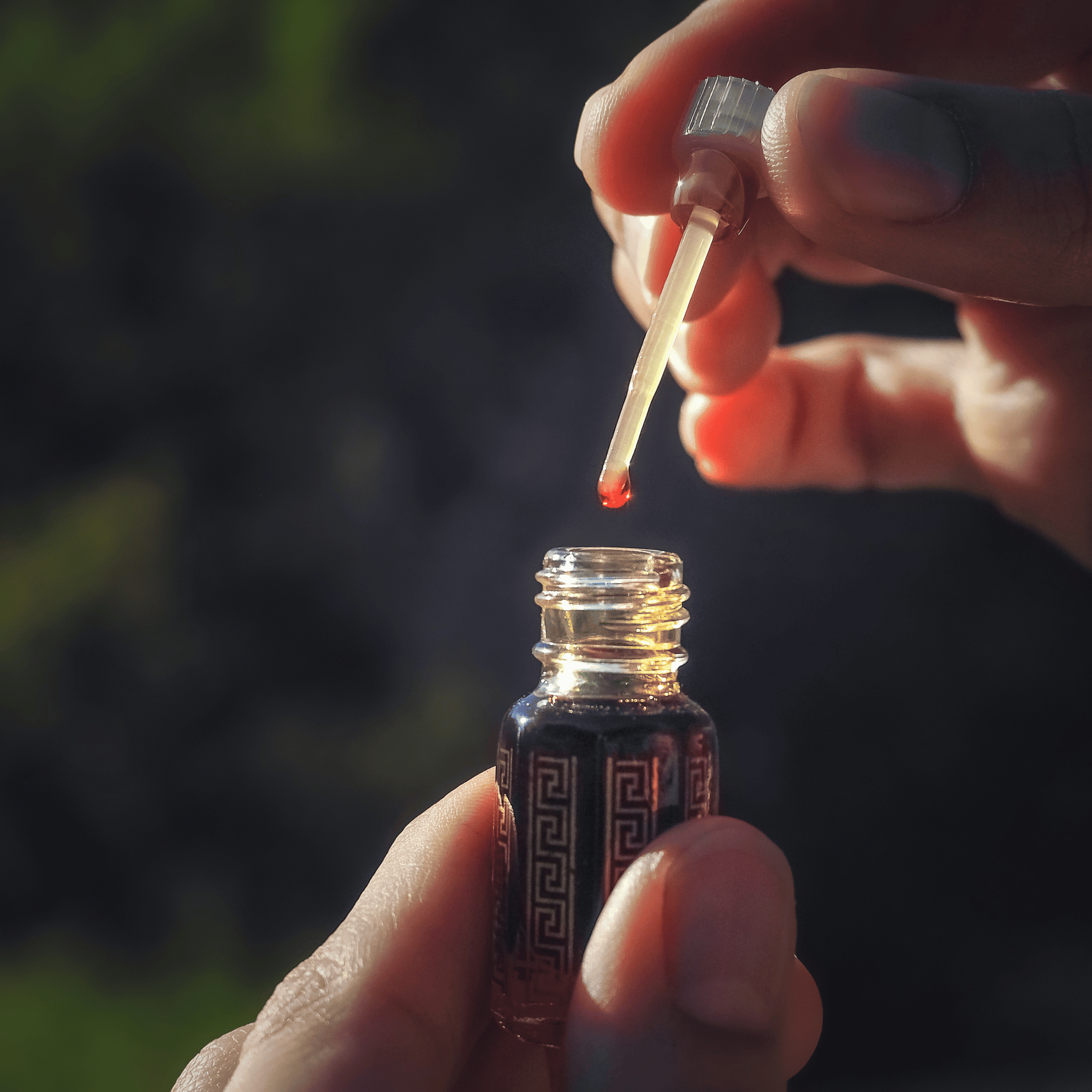 Hand holding a small bottle with a dropper, filled with patchouli essential oil, against a blurred natural background.